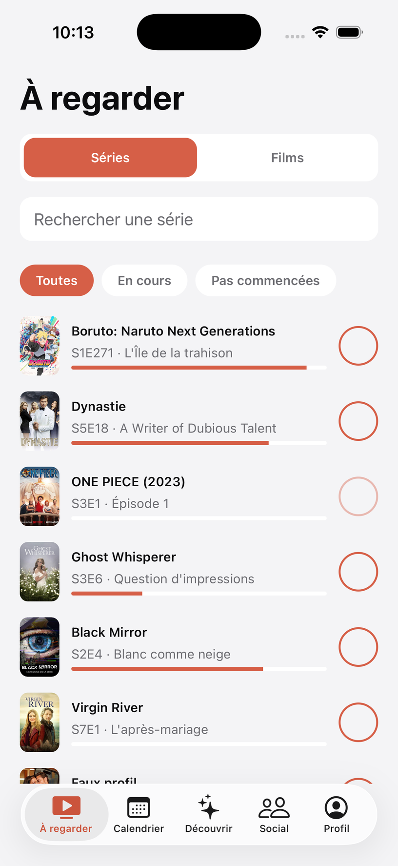 Screenshot of Suivu's To Watch tab, listing upcoming episodes and movies