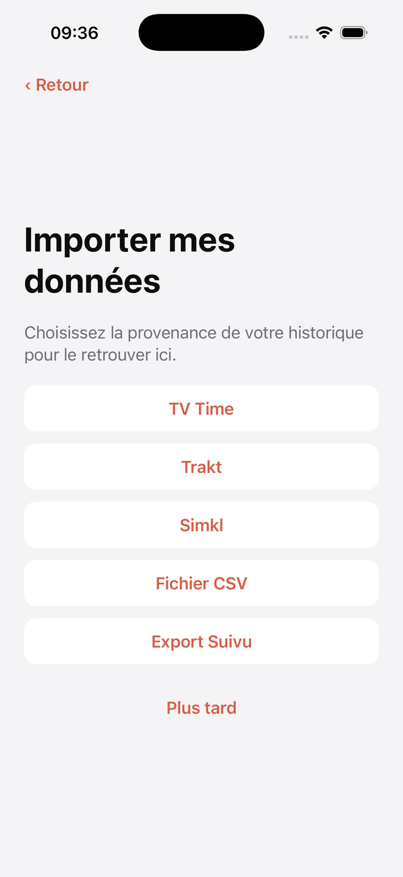 Capture d'écran de l'import de l'archive TV Time dans Suivu
