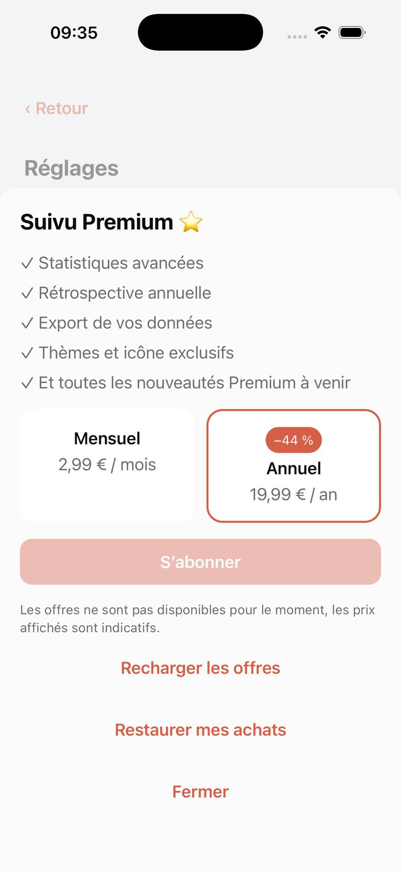 Screenshot of the Suivu Premium subscription