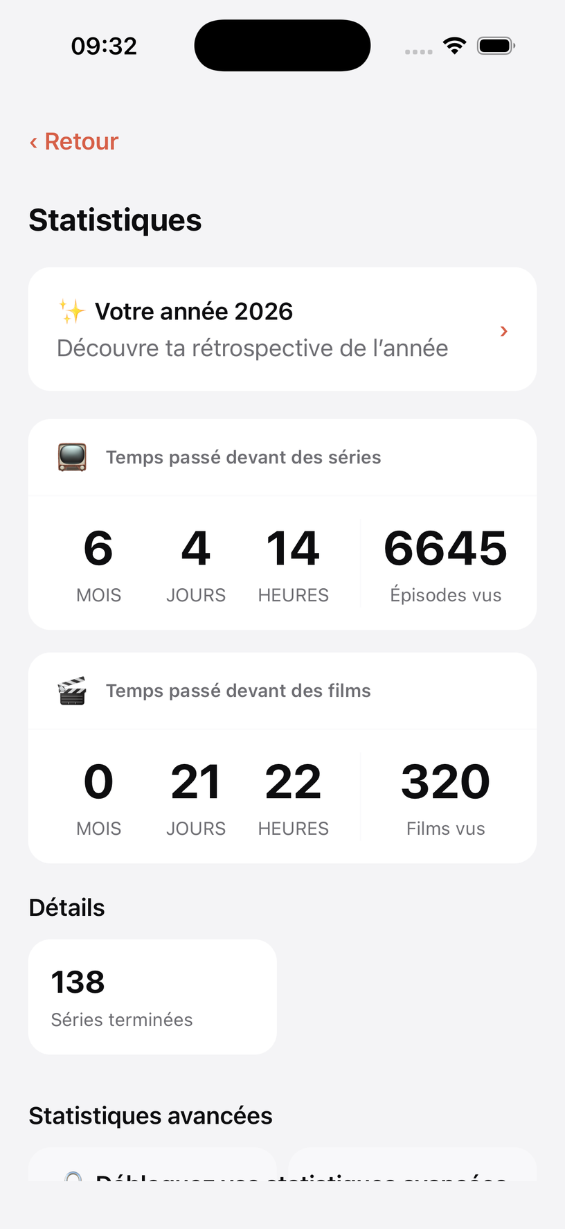 Screenshot of watch time statistics in Suivu