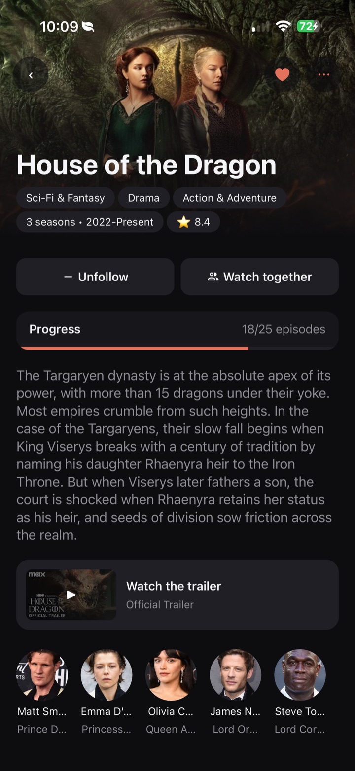 Screenshot of a show page in Suivu, with progress and episode-by-episode tracking