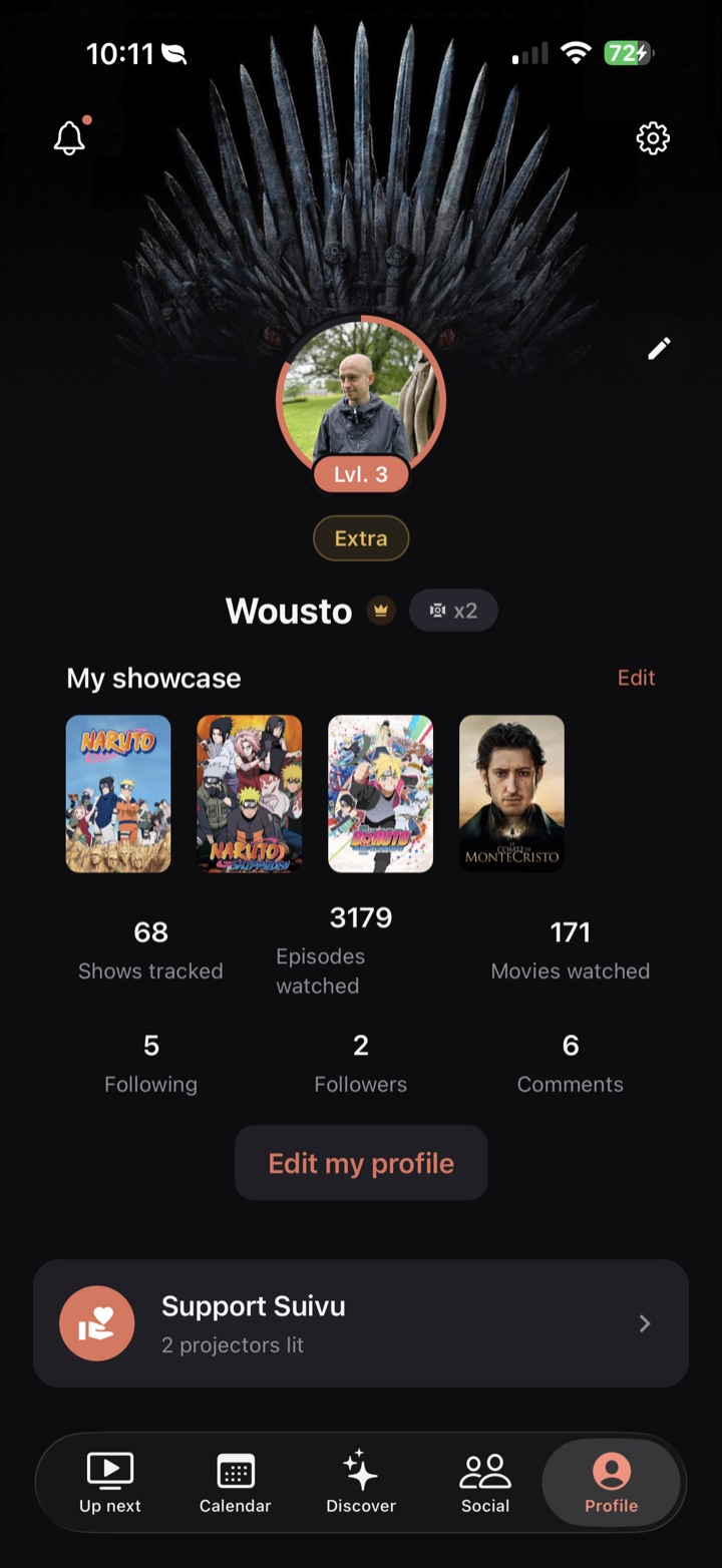 Screenshot of the Suivu profile, with level, badges and stats