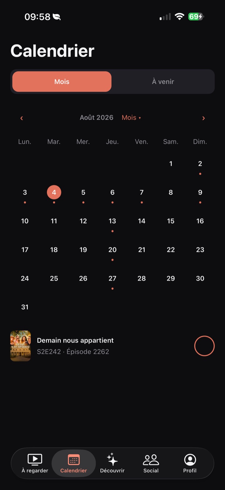 Capture d'écran du calendrier des sorties de séries dans Suivu