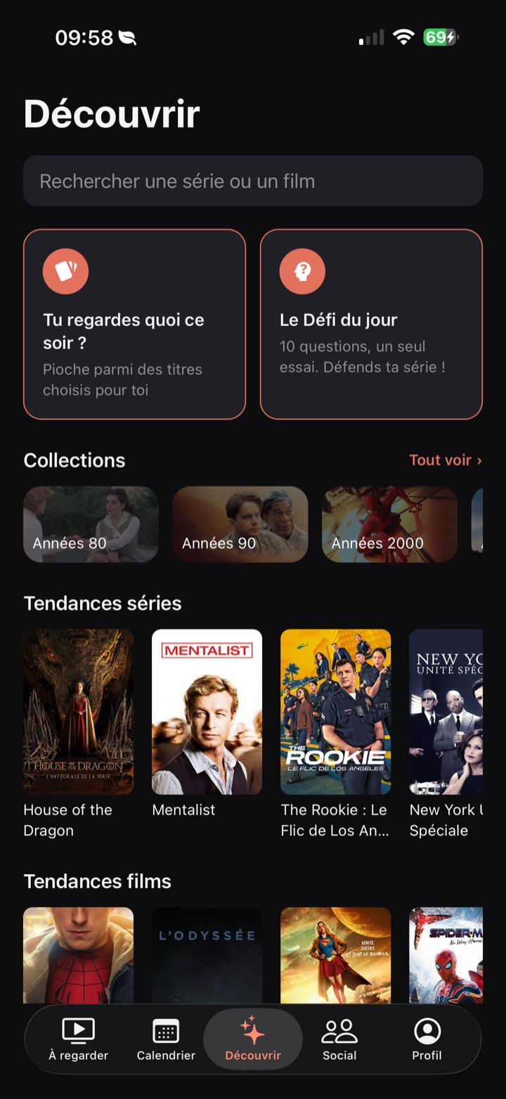Capture d'écran de l'onglet Découvrir de Suivu, avec les tendances et les collections