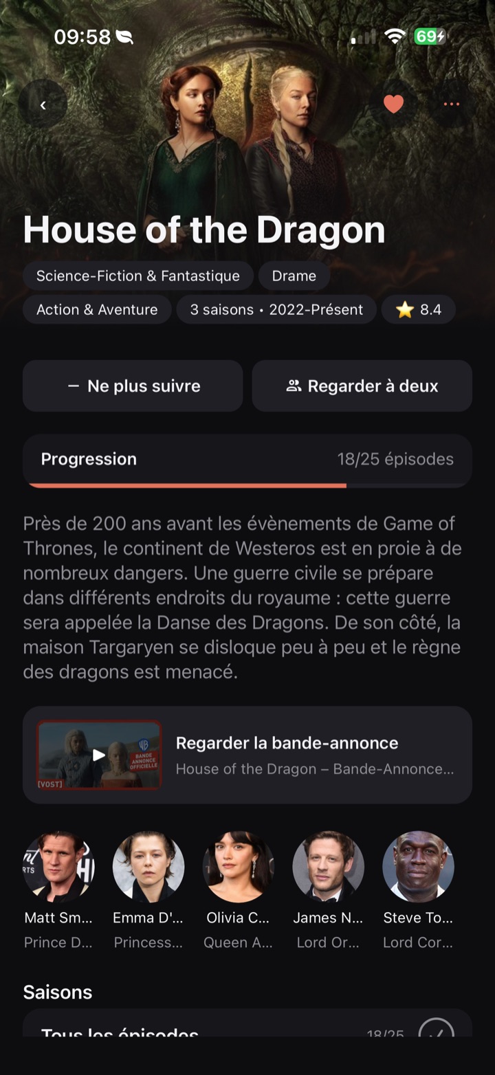Capture d'écran d'une fiche série dans Suivu, avec la progression et le suivi épisode par épisode