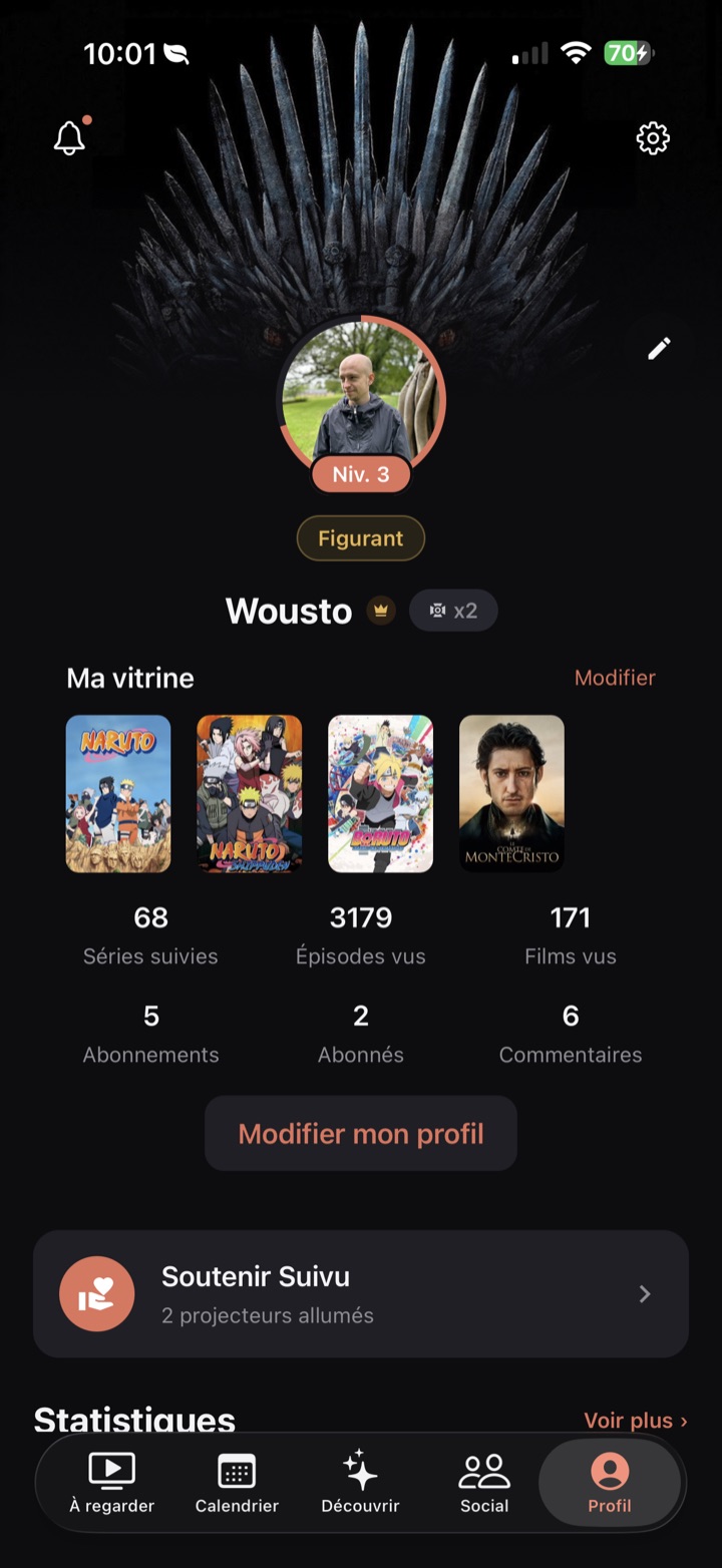 Capture d'écran du profil Suivu, avec le niveau, les badges et les statistiques